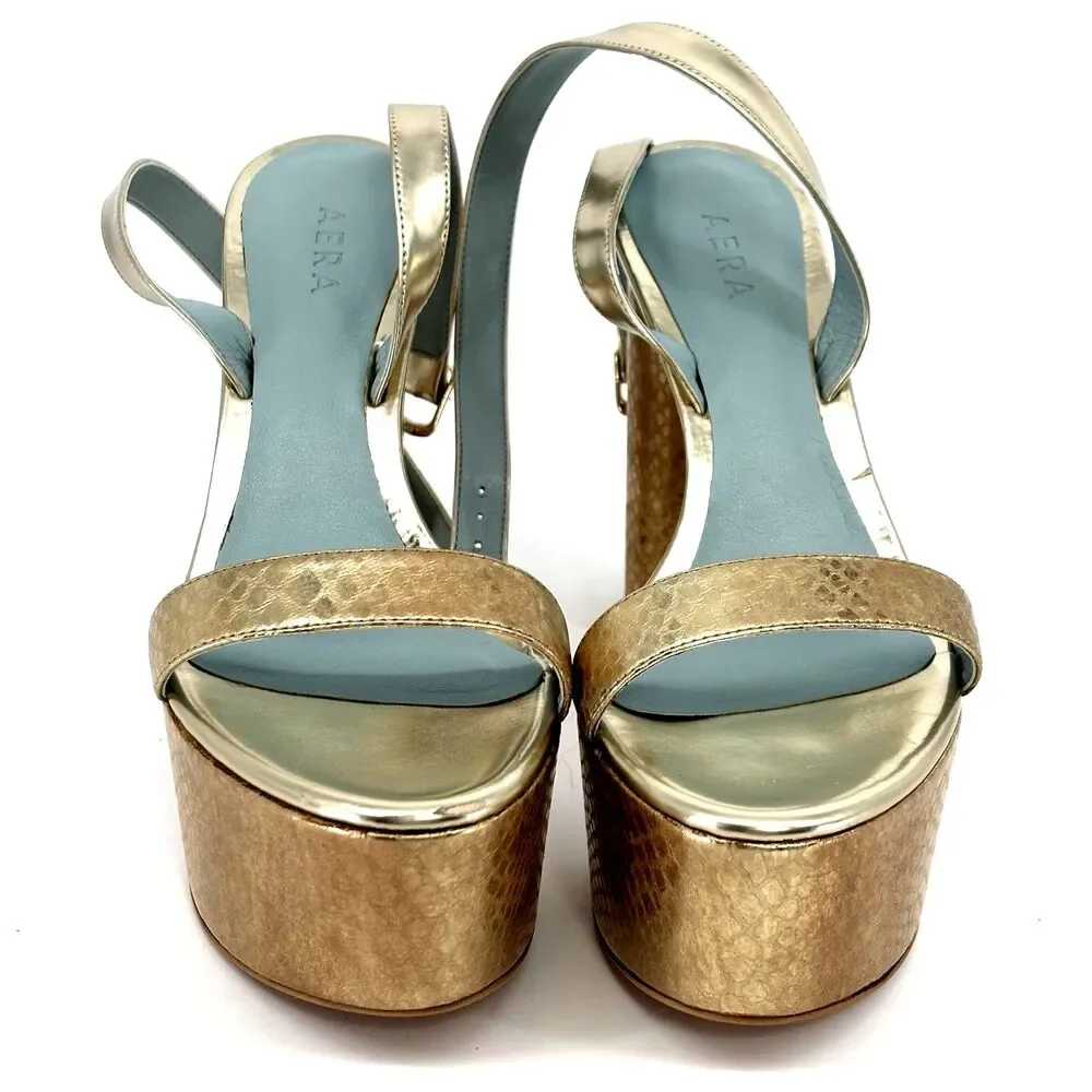 Aera Bianca Platform Block Heel Sandal Gold Python-Effect 8.5 Dust Bag/Box $395